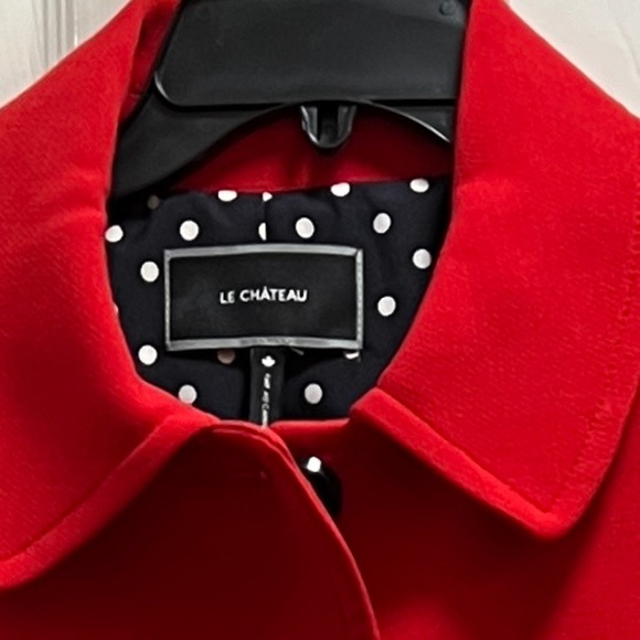 Le Chateau, red pea coat, navy polka dot lining - Picture 3 of 4
